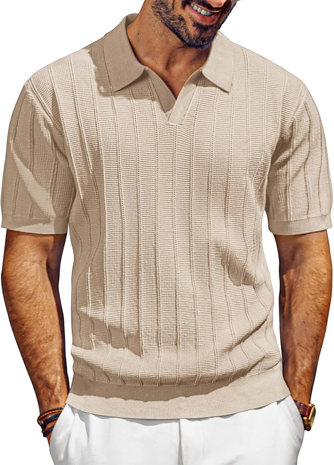 PJ PAUL JONES Mens Polo Shirts Short Sleeve Knit V Neck Golf Polos Textured Summer Shirts Beige