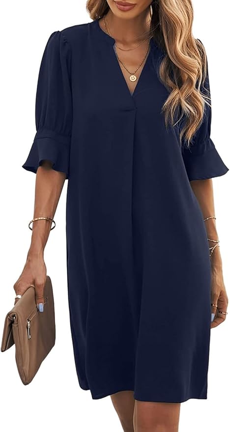 Famulily Women's V Neck Half Sleeve Shirt Dress Elegant Summer Casual Solid Color Short Dress Navy Blue