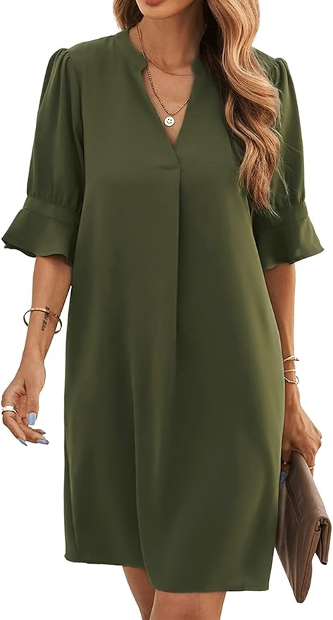 Famulily Women's V Neck Half Sleeve Shirt Dress Elegant Summer Casual Solid Color Short Dress Green