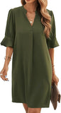 Famulily Women's V Neck Half Sleeve Shirt Dress Elegant Summer Casual Solid Color Short Dress Green