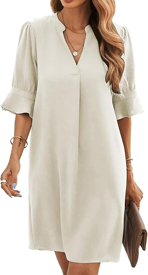 Famulily Women's V Neck Half Sleeve Shirt Dress Elegant Summer Casual Solid Color Short Dress Beige