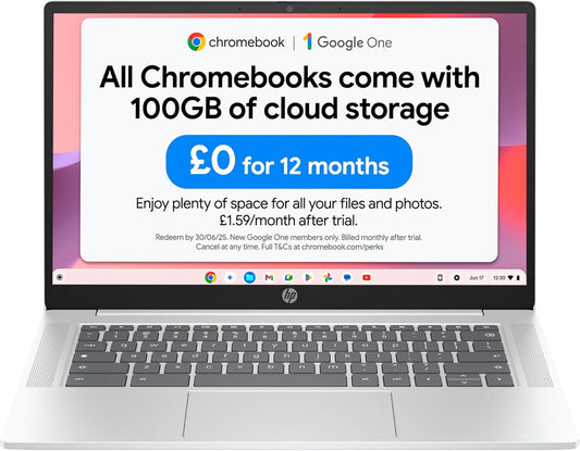 HP Chromebook 14" | Intel Processor N100 Processor| 4 GB RAM | 128 GB Flash Storage | Intel UHD Graphics | HD Display | Up to 12hrs battery | Chrome OS | Dual Speakers | Glacier Silver