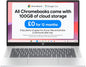 Chromebook HP de 14" | Procesador Intel N100 | 4 GB de RAM | Almacenamiento flash de 128 GB | Gráficos Intel UHD | Pantalla HD | Hasta 12 horas de batería | Sistema operativo Chrome | Altavoces duales | Color plata glaciar 