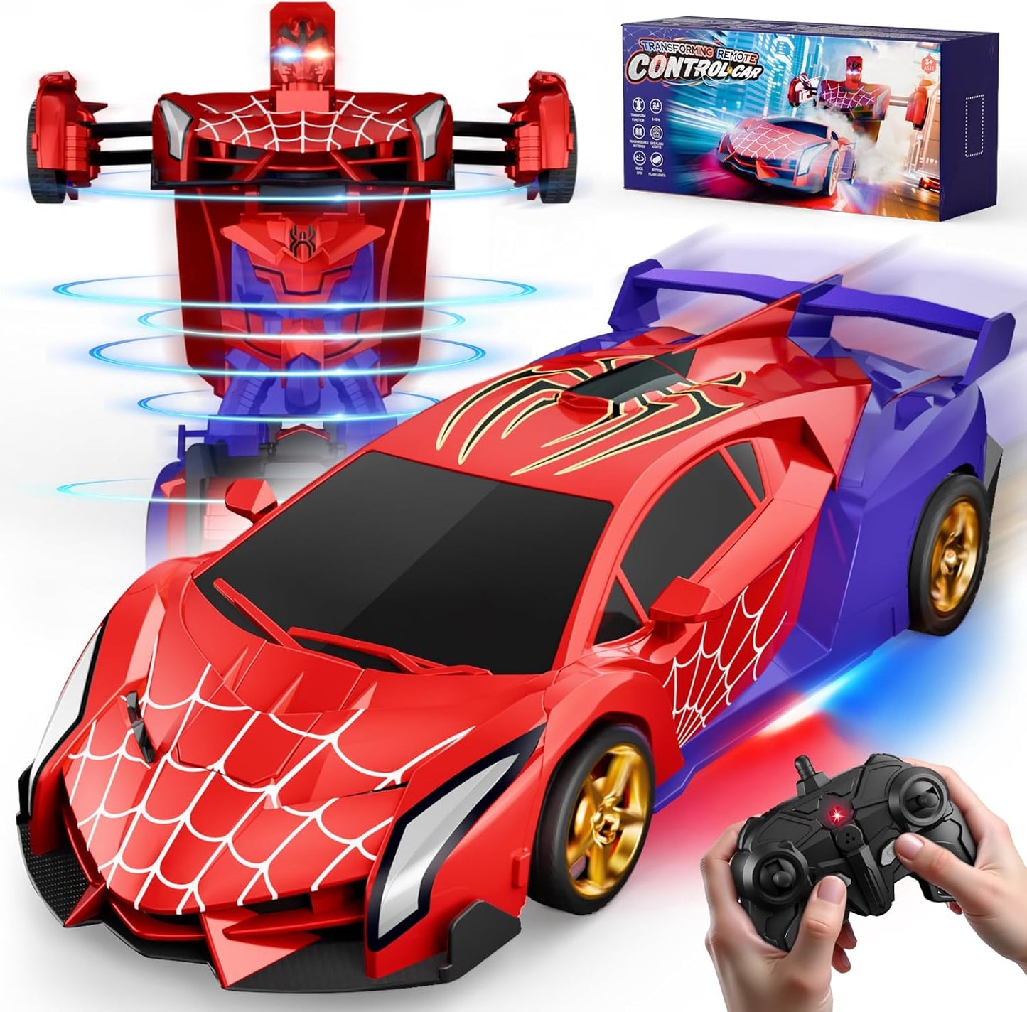 Coche transformable a control remoto con luces en los ojos y en los bajos, robot RC de 2,4 GHz, deformación con un solo botón y rotación de 360°, juguetes para niños de 3 a 12 años. 