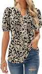 Womens V Neck Tops Puff Short Sleeve T-Shirt Pleated Floral Printed Tunic Blouse Shirts